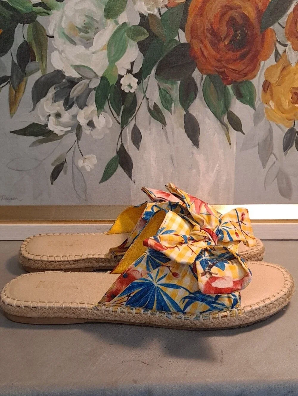 MIA Yellow Floral Bow Slide Espradille Sandals Blue Pink Tropical Jute Sole